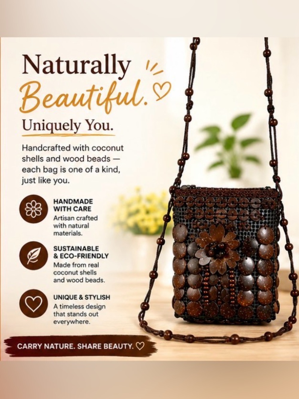 Retro Coconut Shell Bead Bag Bohemian Crossbody Handmade Mobile Phone bag NWT